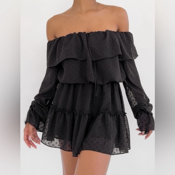 Rumored Señorita Western off the shoulder swiss dot mini black dress boho chic - Picture 1 of 12